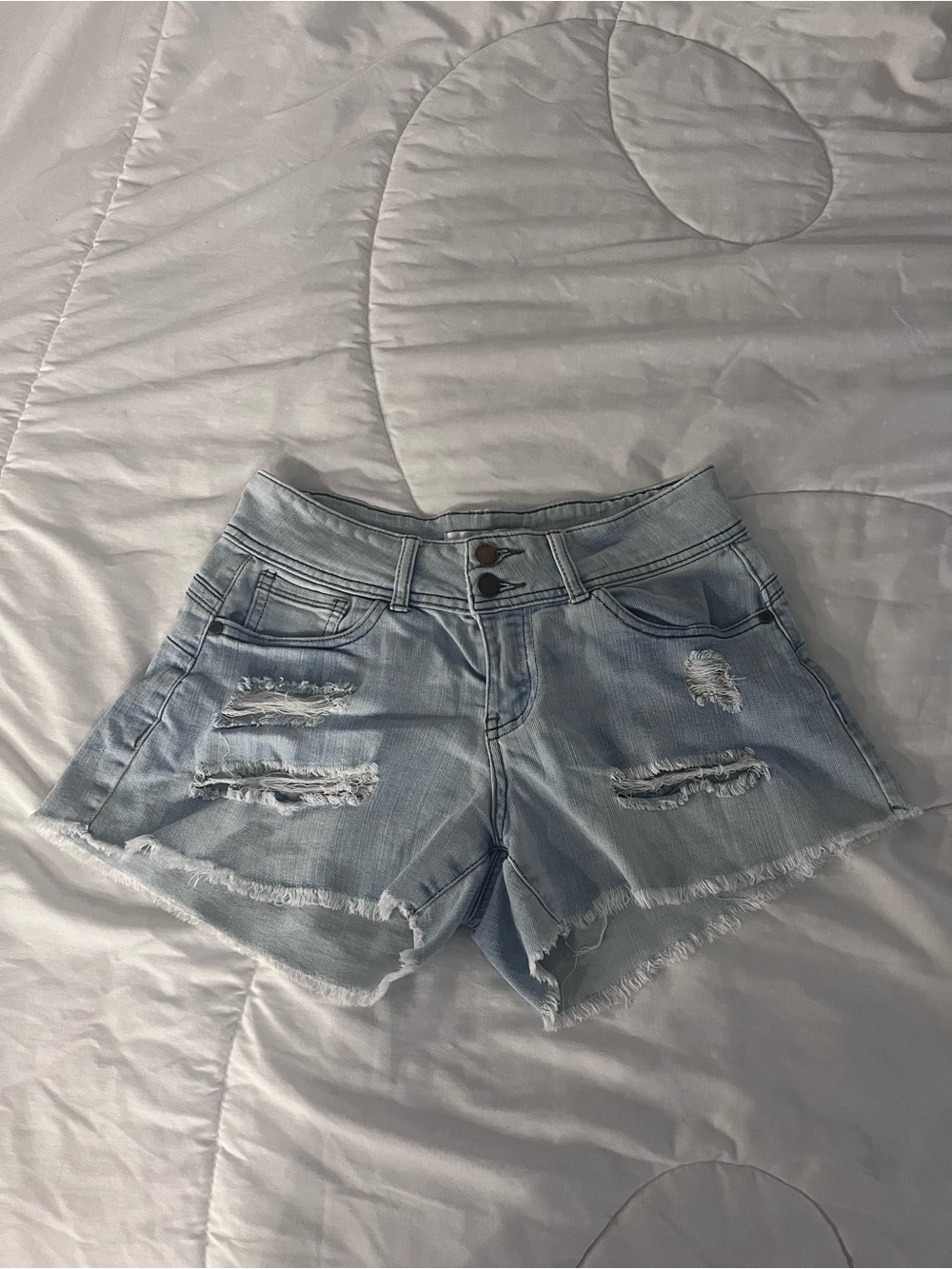 Light Blue Distressed Denim Shorts - Women